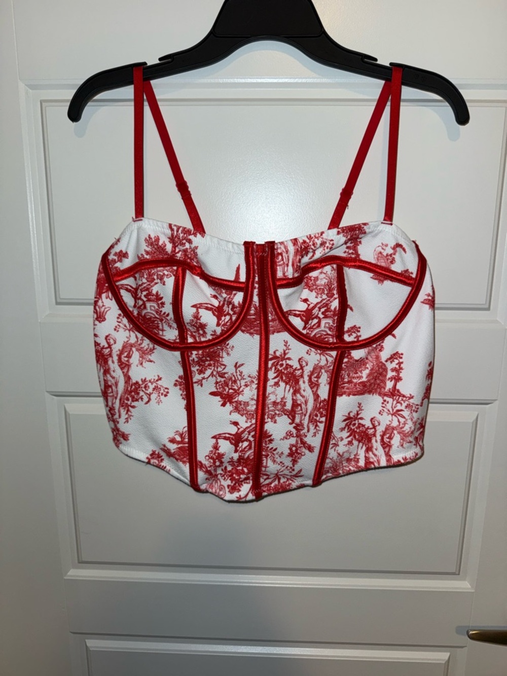 White & Red Toile Bustier Crop Top